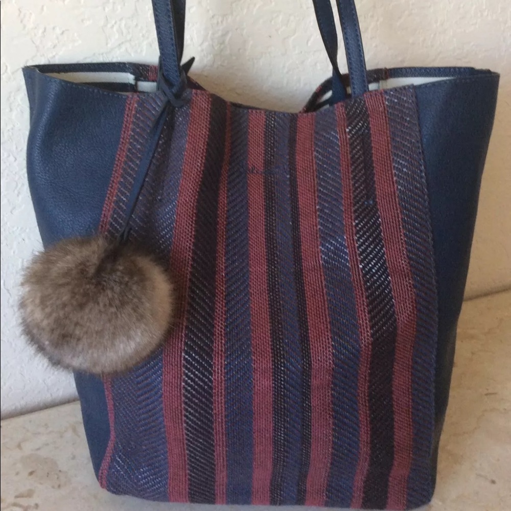 Splendid Womens Key West Faux Leather Pattern Tote Handbag Navy Extra Large